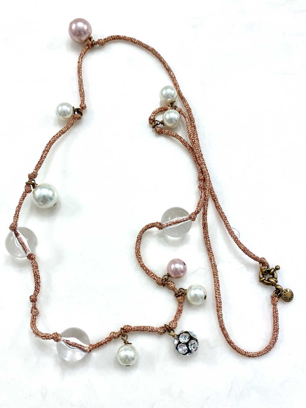 J. Crew Rose Gold Cord Necklace with Faux Pearls and Crystal Charm